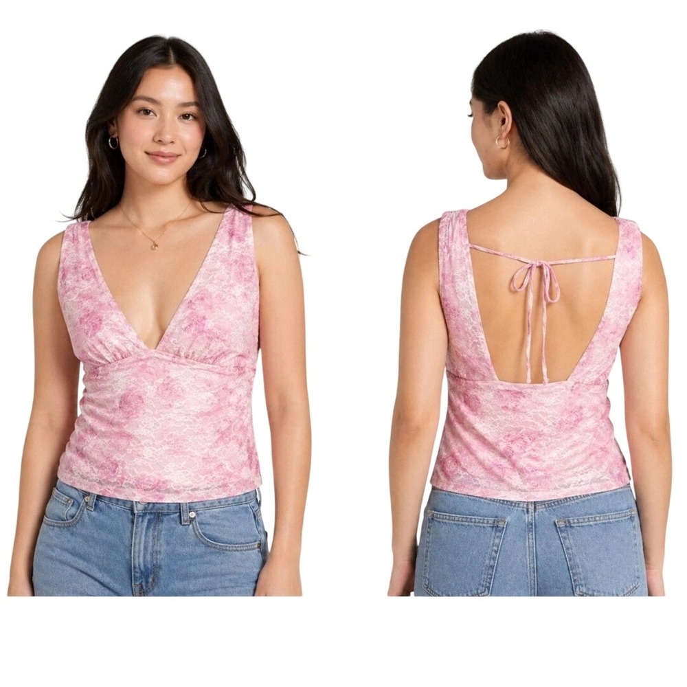 Wild Fable Women's Pink Floral Lace V-Neck Tie Back Tank Top Size 2X